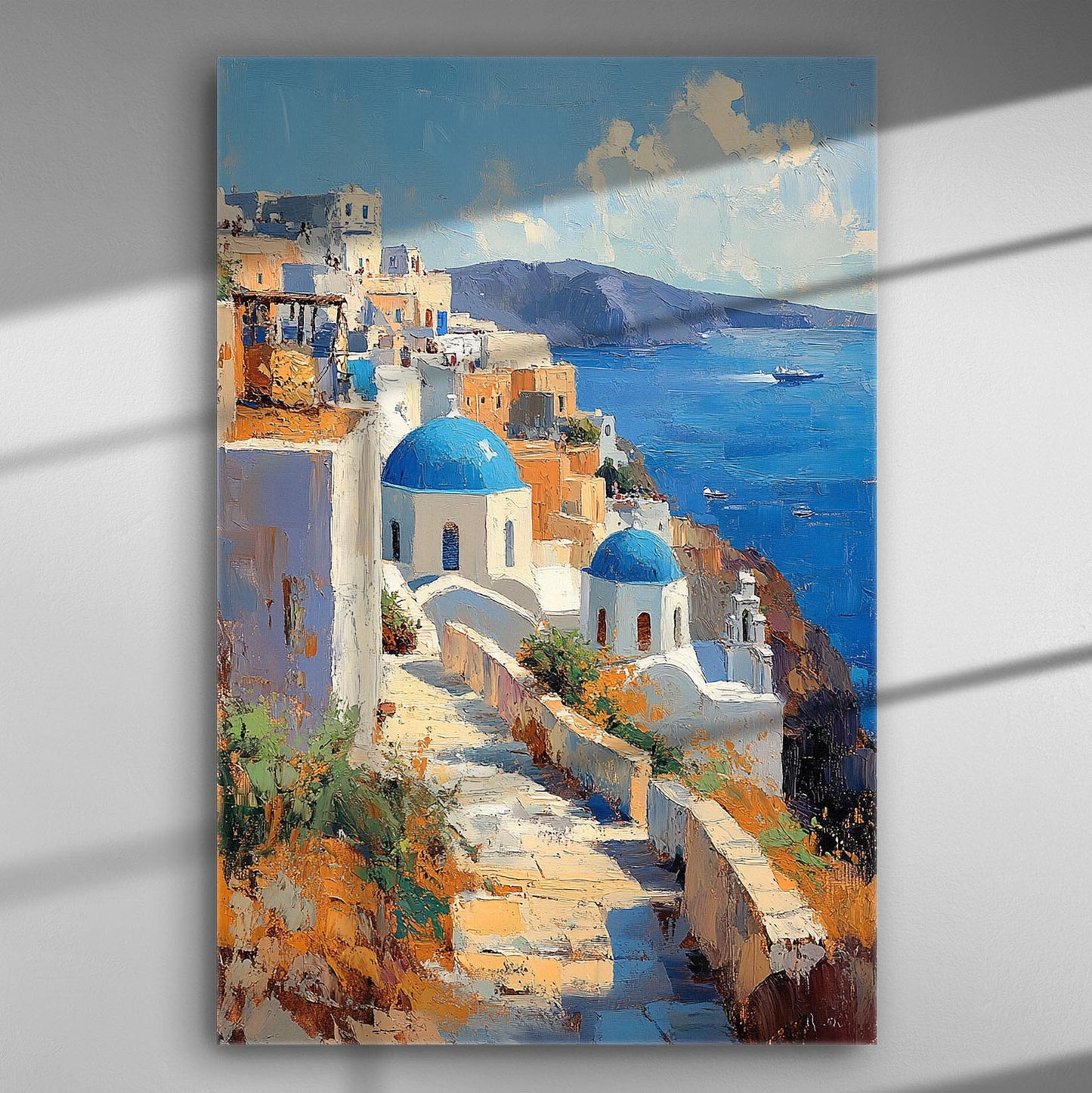 Santorini landscape with blue domes and sea view, canvas print.
