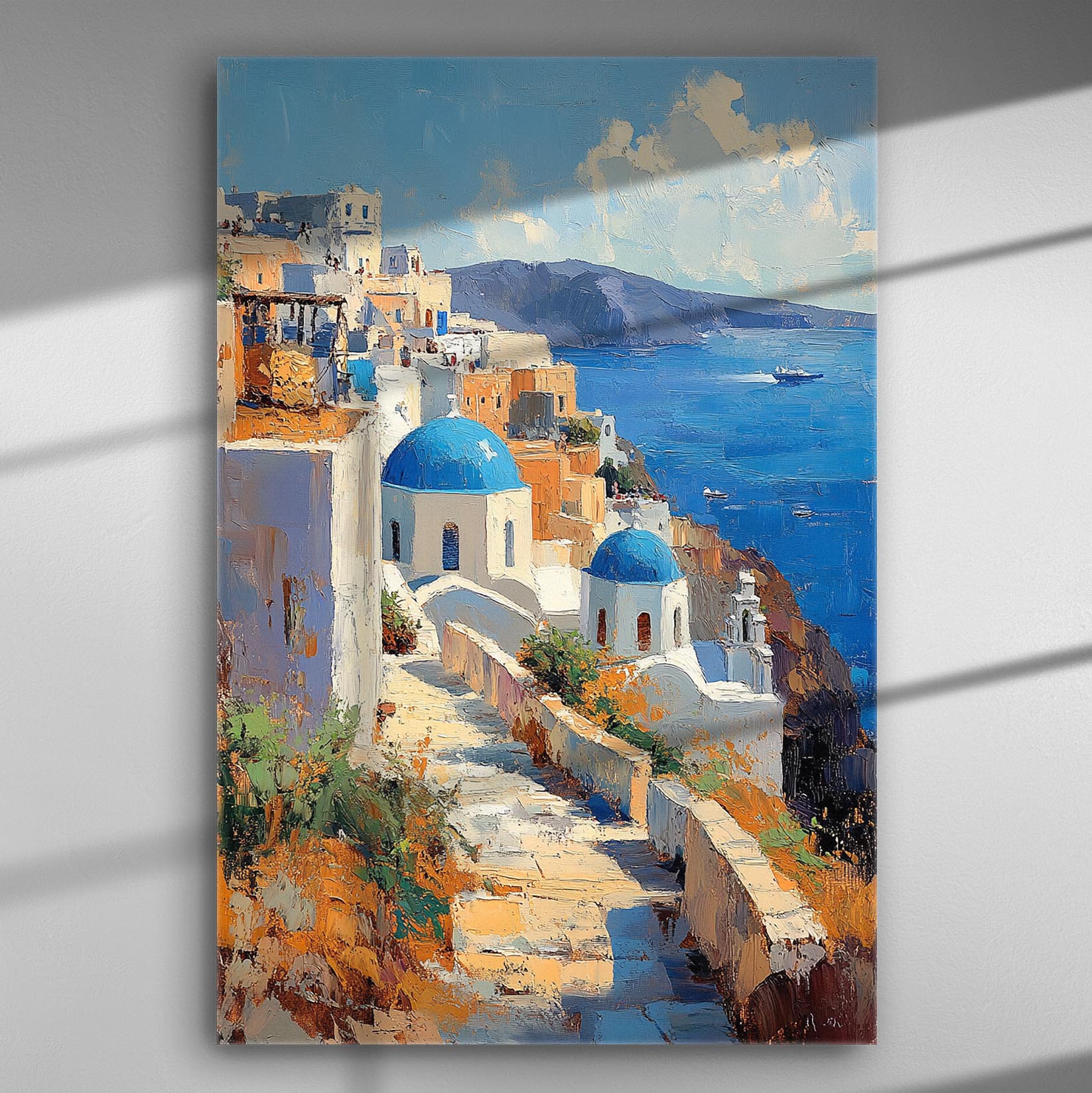 Santorini landscape with blue domes and sea view, canvas print.