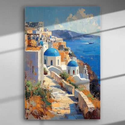 Santorini landscape with blue domes and sea view, canvas print.