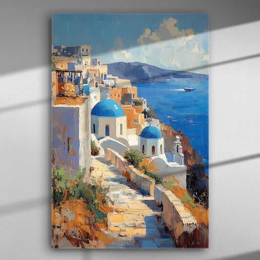 Santorini landscape with blue domes and sea view, canvas print.