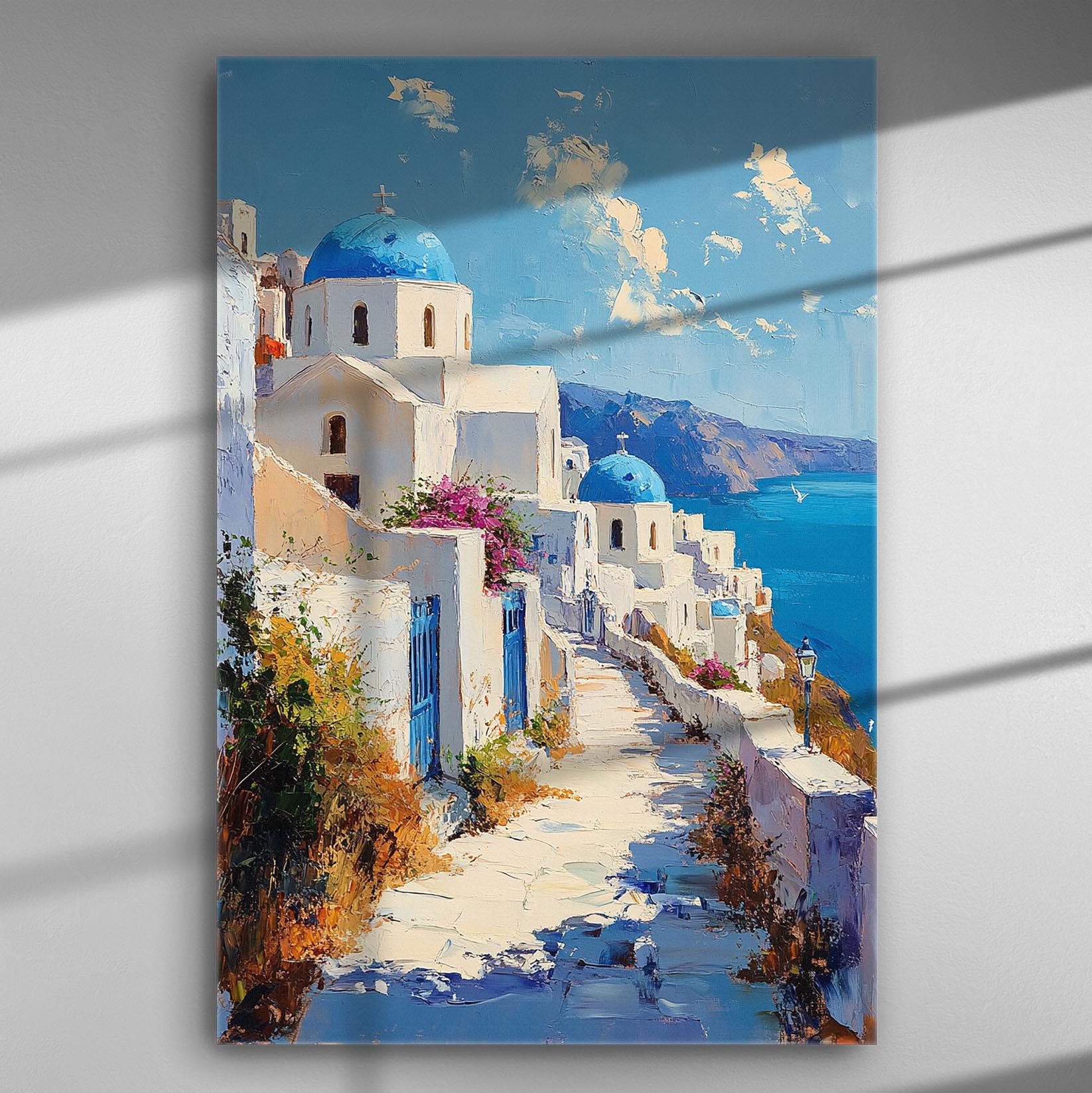 Canvas print of a Greek island scene with white buildings and blue domes overlooking the sea.