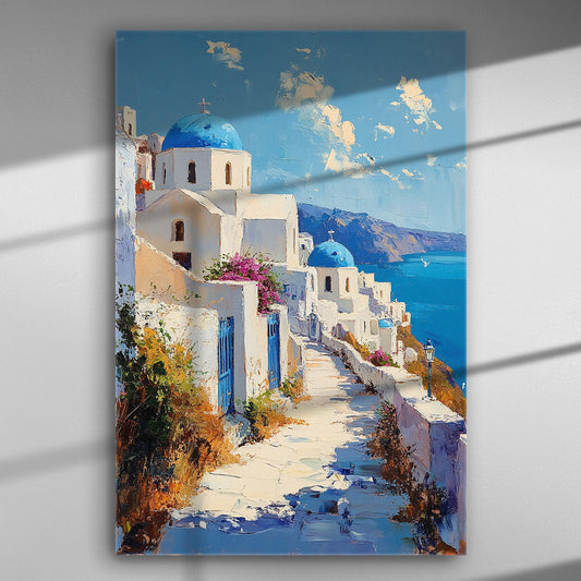 Canvas print of a Greek island scene with white buildings and blue domes overlooking the sea.