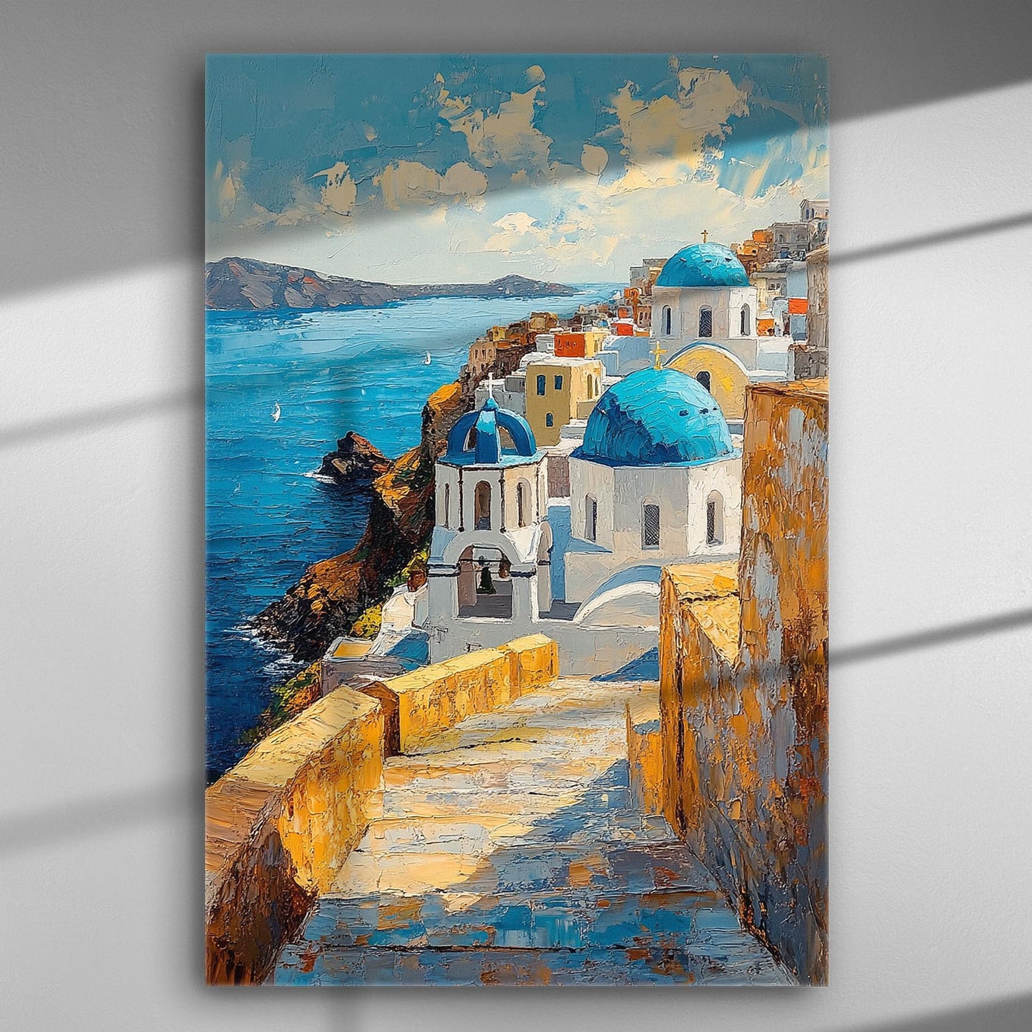 Canvas print of Santorini with blue domes and sea view.