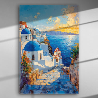 Sunset over Santorini with white buildings and blue domes, overlooking the Aegean Sea.
