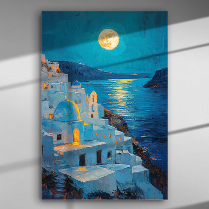 Santorini landscape at night with a full moon illuminating the white buildings and blue sea.