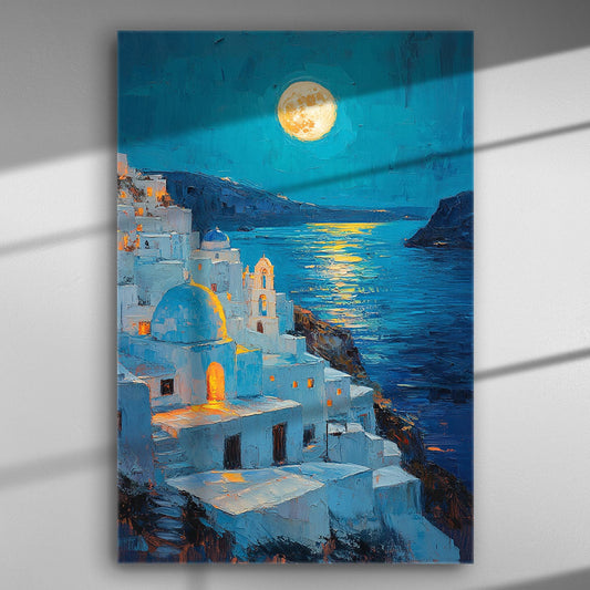 Santorini landscape at night with a full moon illuminating the white buildings and blue sea.