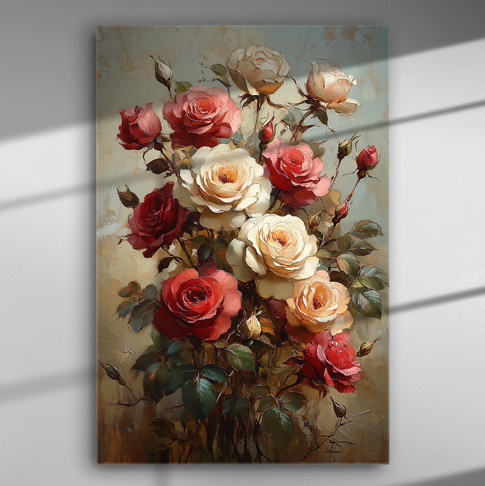 Canvas print featuring a vibrant bouquet of red, pink, and white roses with green leaves.