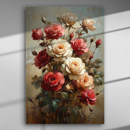 Canvas print featuring a vibrant bouquet of red, pink, and white roses with green leaves.