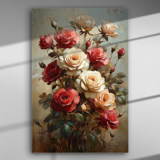 Canvas print featuring a vibrant bouquet of red, pink, and white roses with green leaves.