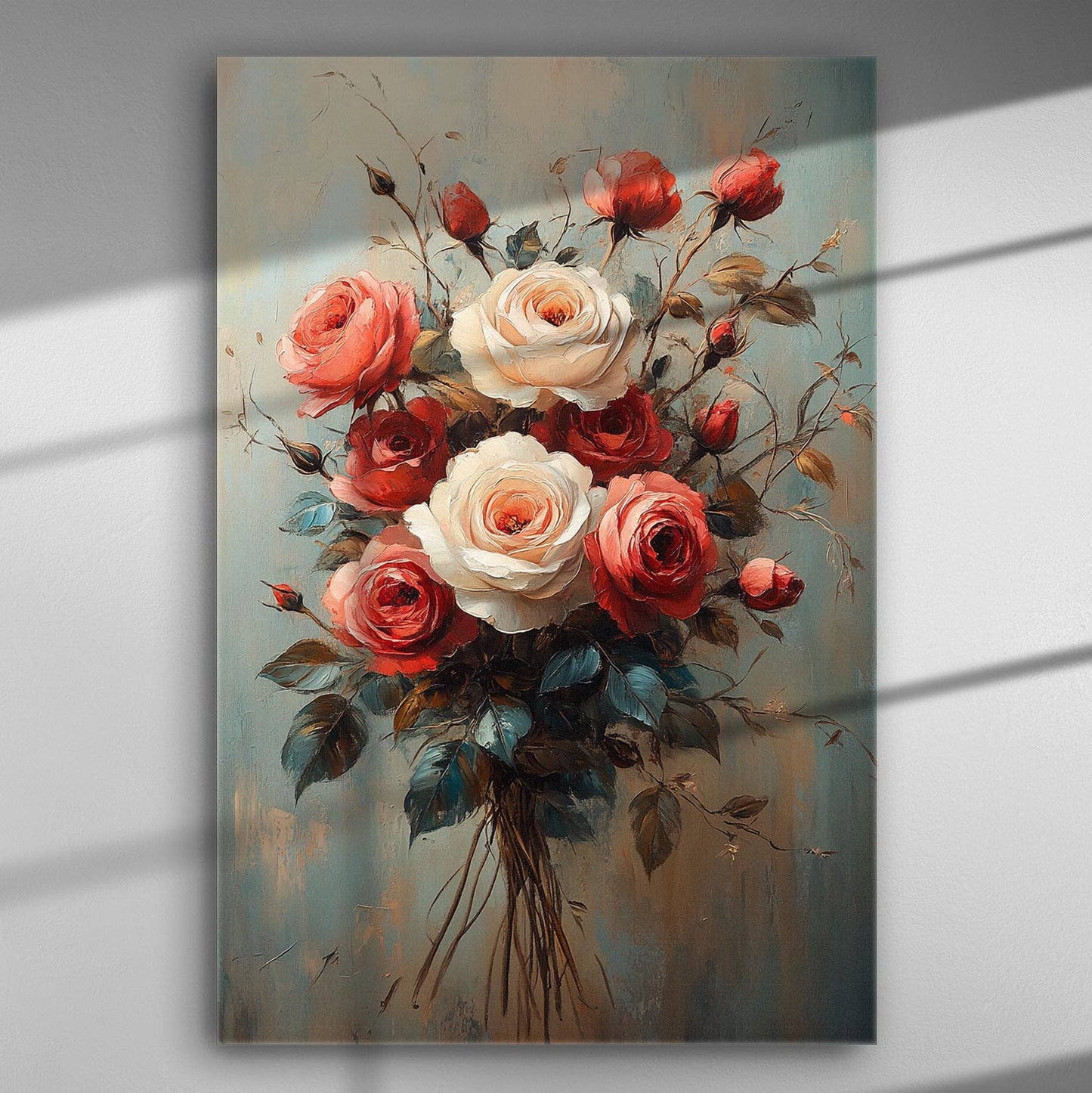 A canvas print of a romantic bouquet of roses with vibrant colors and detailed brushwork.