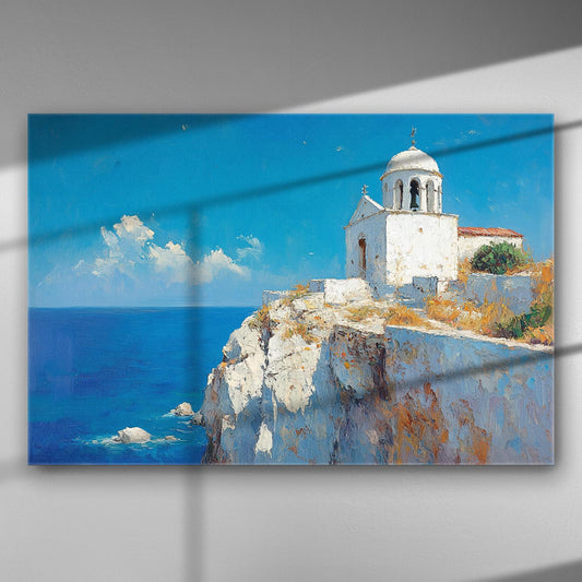 Canvas print of a church by the sea in Santorini with a blue sky.