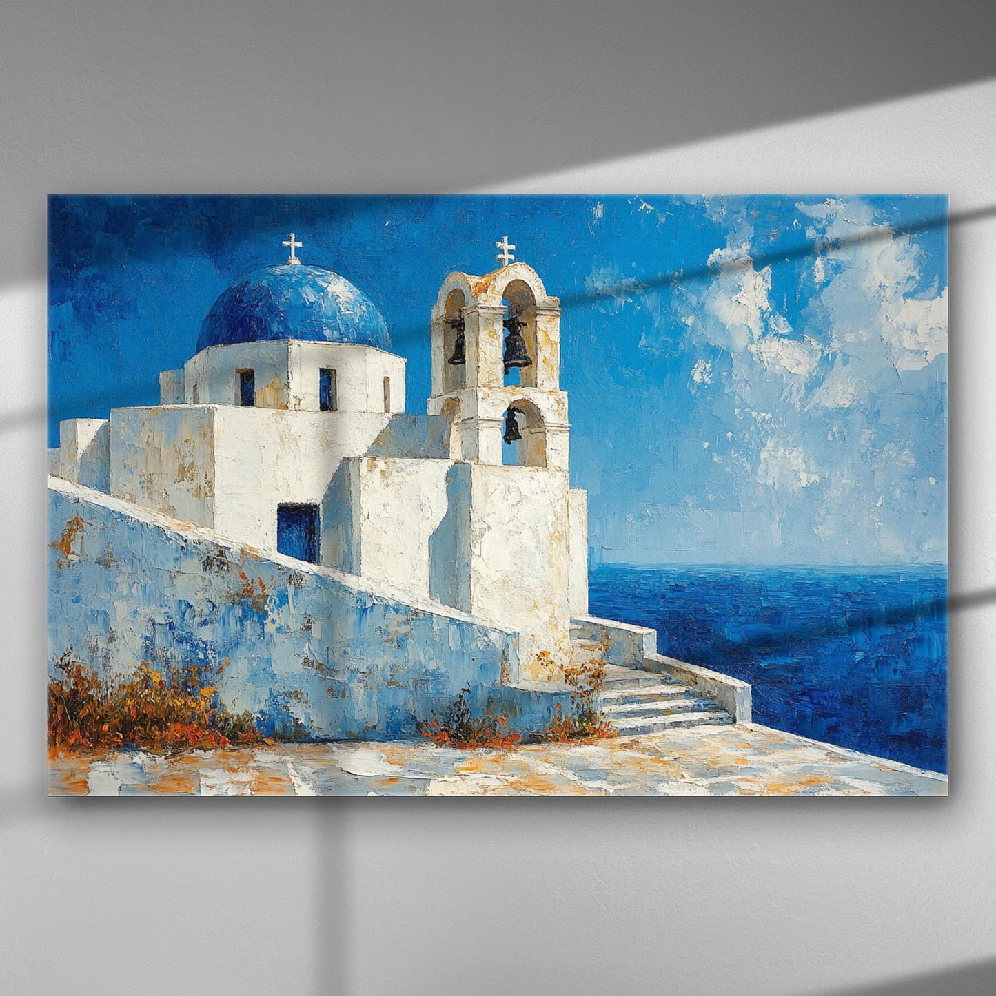 Painting of a traditional Aegean church with blue dome and sea, on a canvas.
