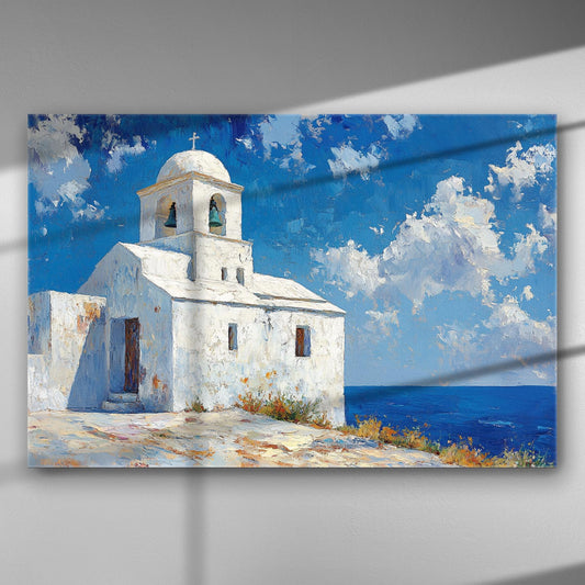 Canvas print of a white church on a Cycladic island under a blue sky.