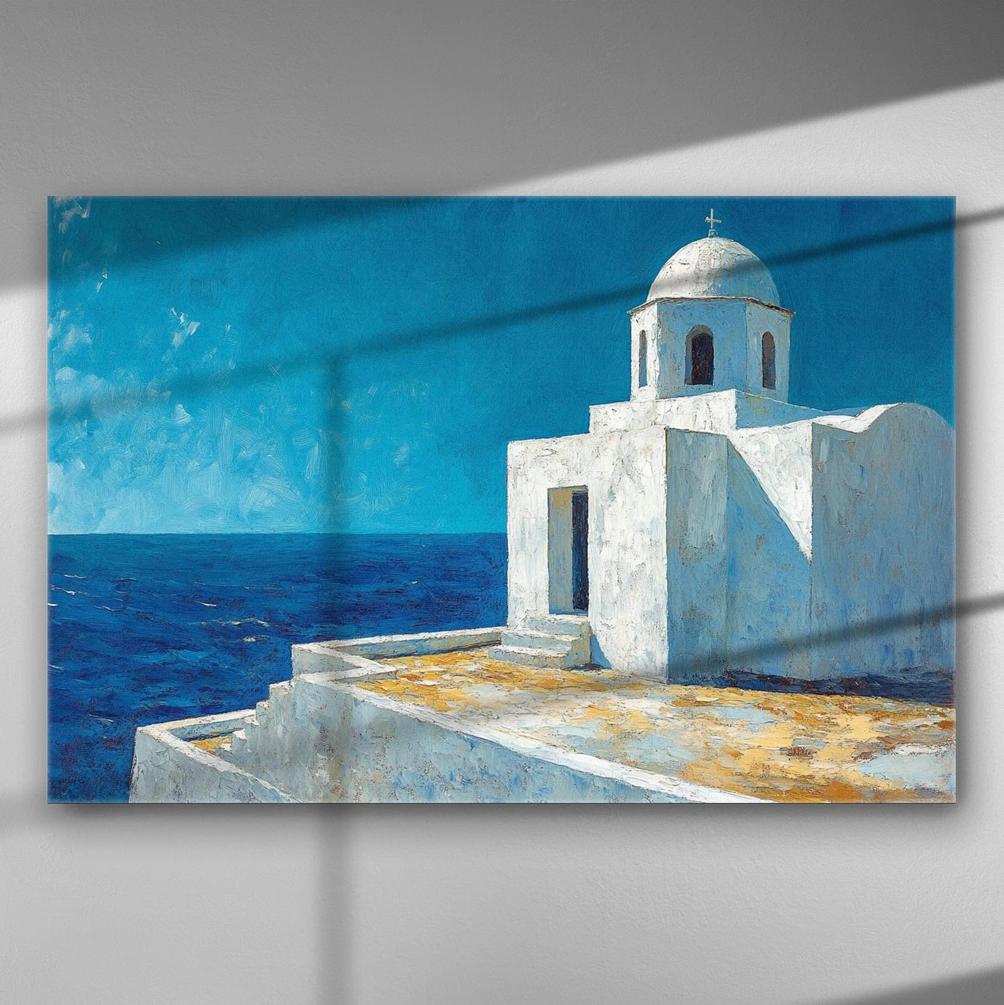 Greek island architecture with white building against the blue sea and sky on canvas.