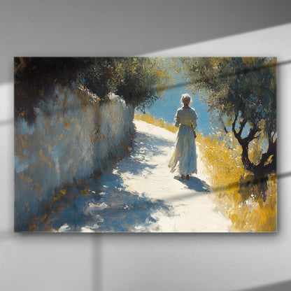 Canvas print of a woman walking down a sunlit path, surrounded by trees and walls.