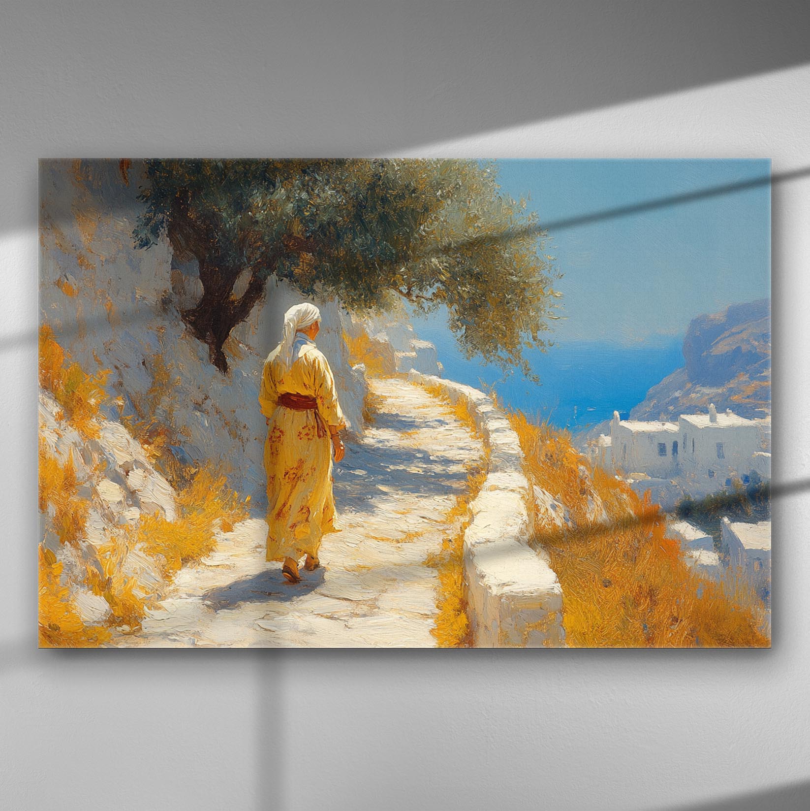A figure in traditional attire walking on a Mediterranean coastal path with sea view.