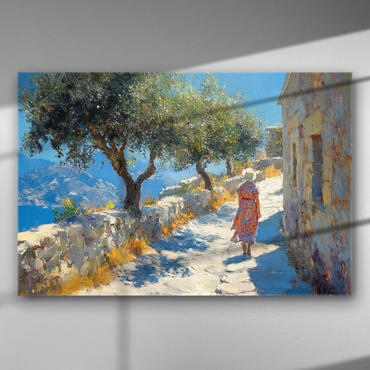 A Mediterranean scene painting featuring a woman walking on a sunny path with olive trees and a blue sea view.
