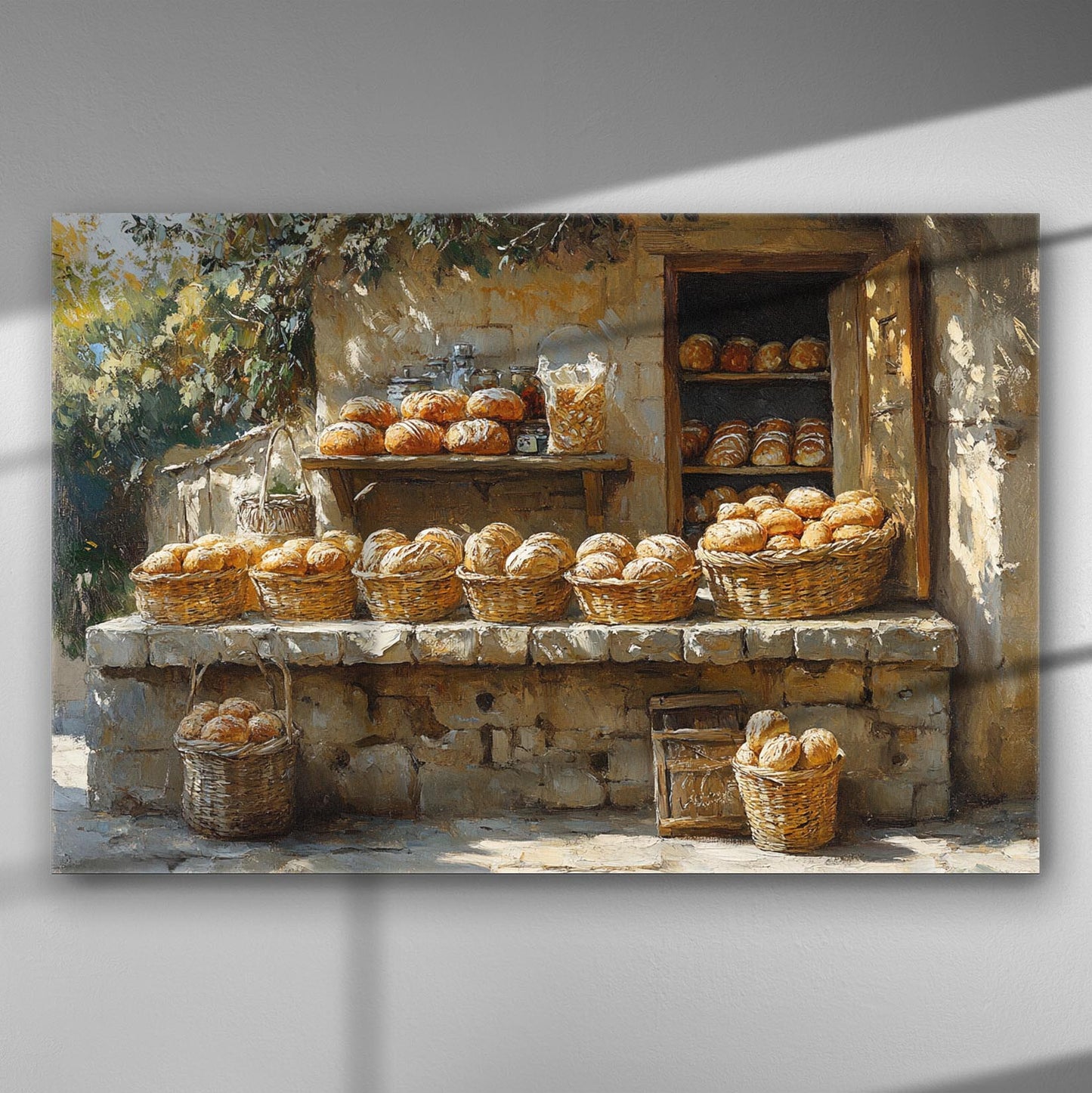 Painting of a traditional outdoor bakery scene with baskets of bread.