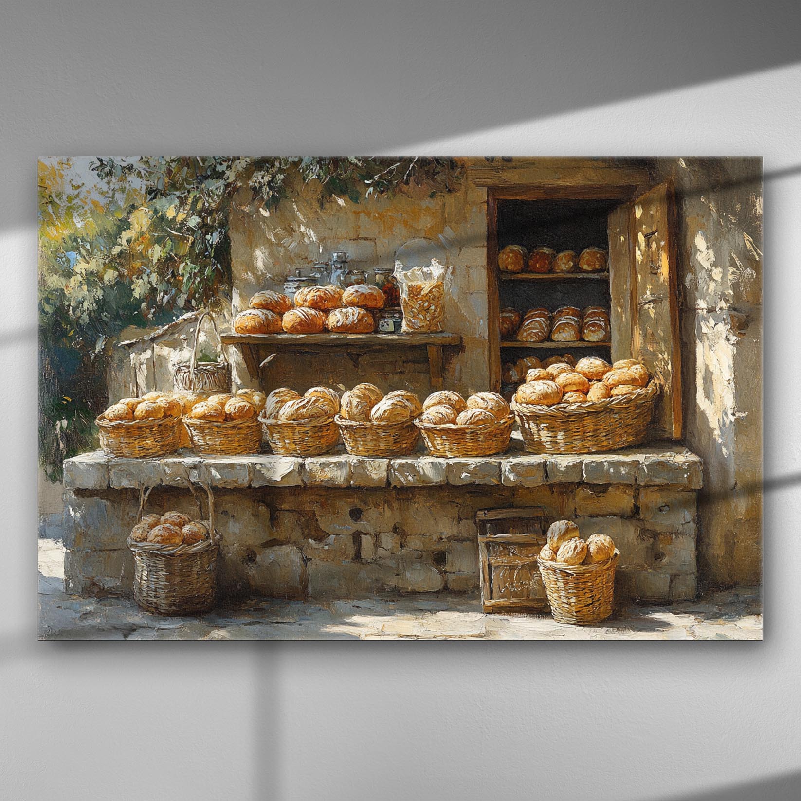 Painting of a traditional outdoor bakery scene with baskets of bread.