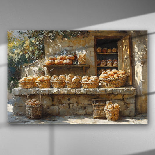 Painting of a traditional outdoor bakery scene with baskets of bread.