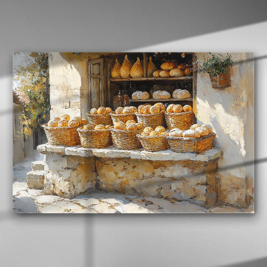 Canvas print depicting a traditional bread market with baskets of bread against a rustic background.