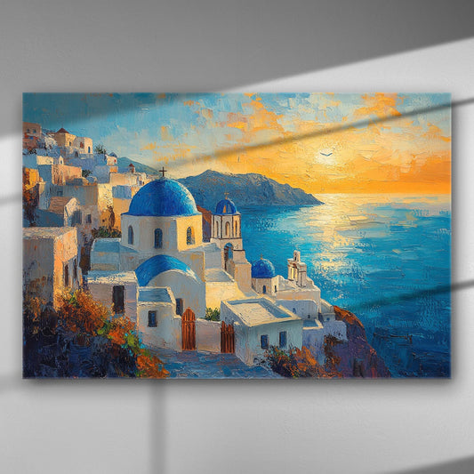 Aegean Sunset canvas print featuring white houses and blue domes at sunset.