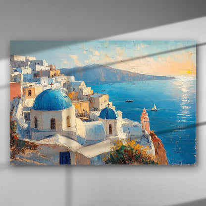 Sunset over Santorini with blue domes and the Aegean Sea in the background.