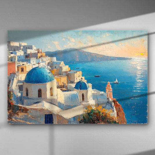 Sunset over Santorini with blue domes and the Aegean Sea in the background.