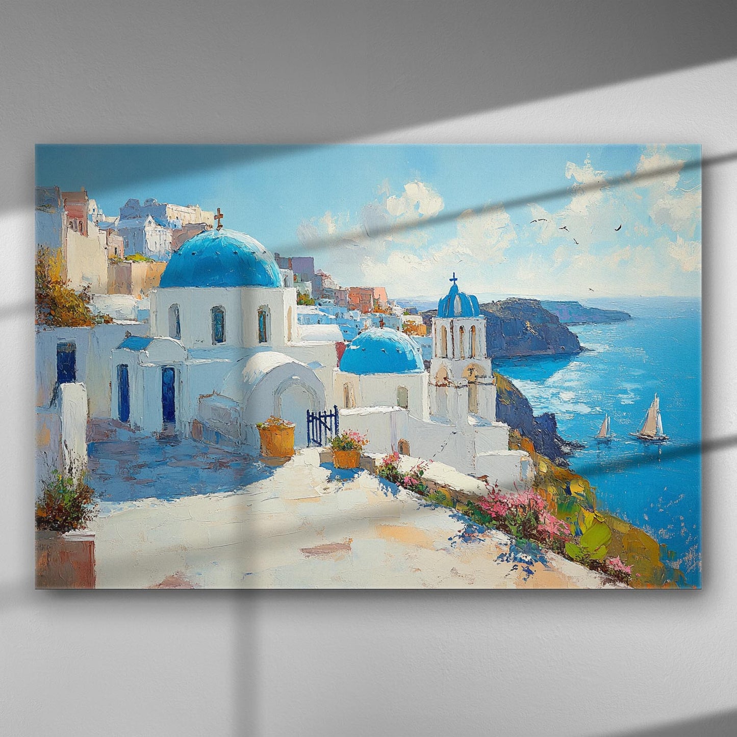 Canvas print of a Greek Aegean summer scene with blue and white houses, sea view, and sailboats in the distance.