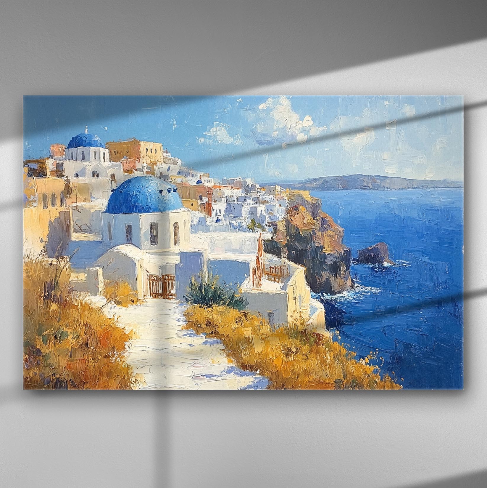 Canvas print depicting a scenic view of a Greek island with white buildings and blue domes by the sea.
