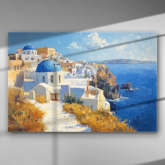 Canvas print depicting a scenic view of a Greek island with white buildings and blue domes by the sea.