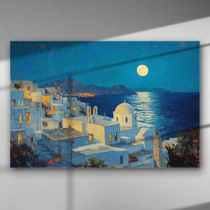 Canvas print of a Greek island under a full moon with traditional white buildings and the sea.