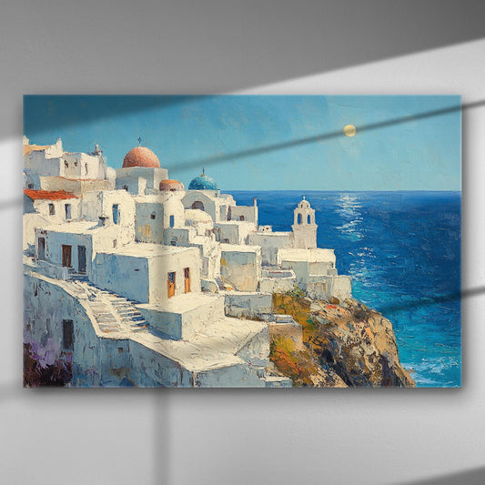 Canvas print featuring a picturesque view of Aegean architecture with white buildings and blue sea.