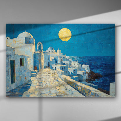 Nighttime Aegean scene with moon over Cycladic architecture on canvas.