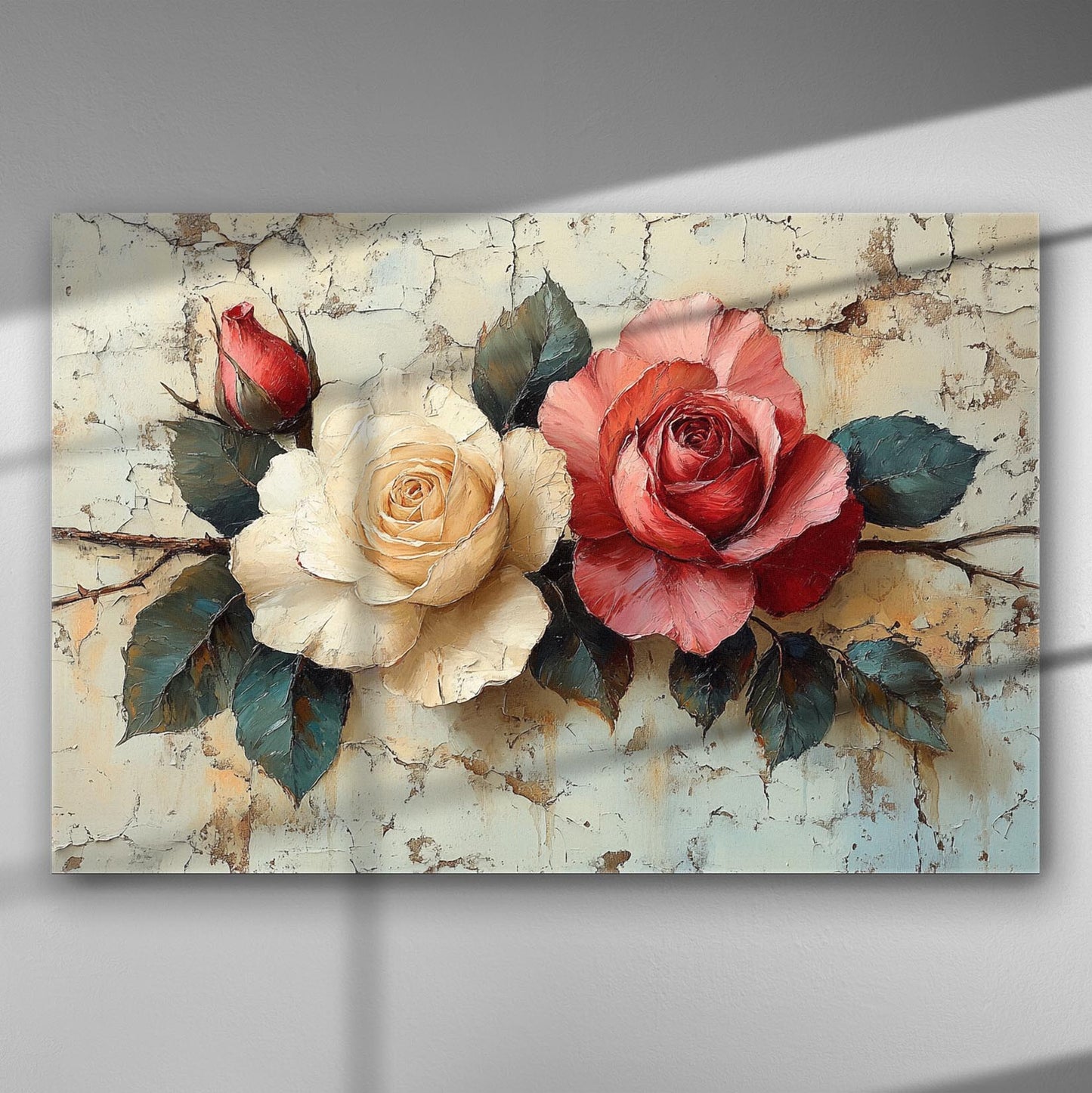 Realistic depiction of two roses, one cream and one red, on a canvas with a textured background.