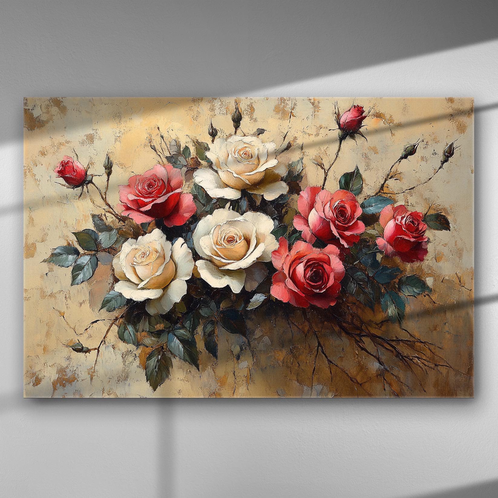 Canvas print featuring red and white roses in a vibrant composition.