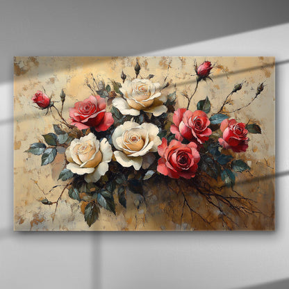 Canvas print featuring red and white roses in a vibrant composition.