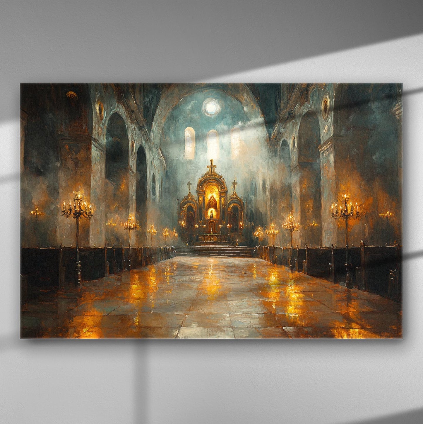 Canvas print depicting a majestic cathedral interior with warm lighting and architectural details.