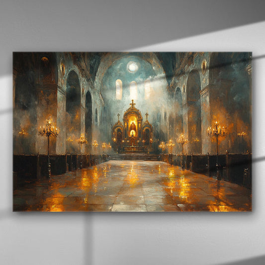 Canvas print depicting a majestic cathedral interior with warm lighting and architectural details.
