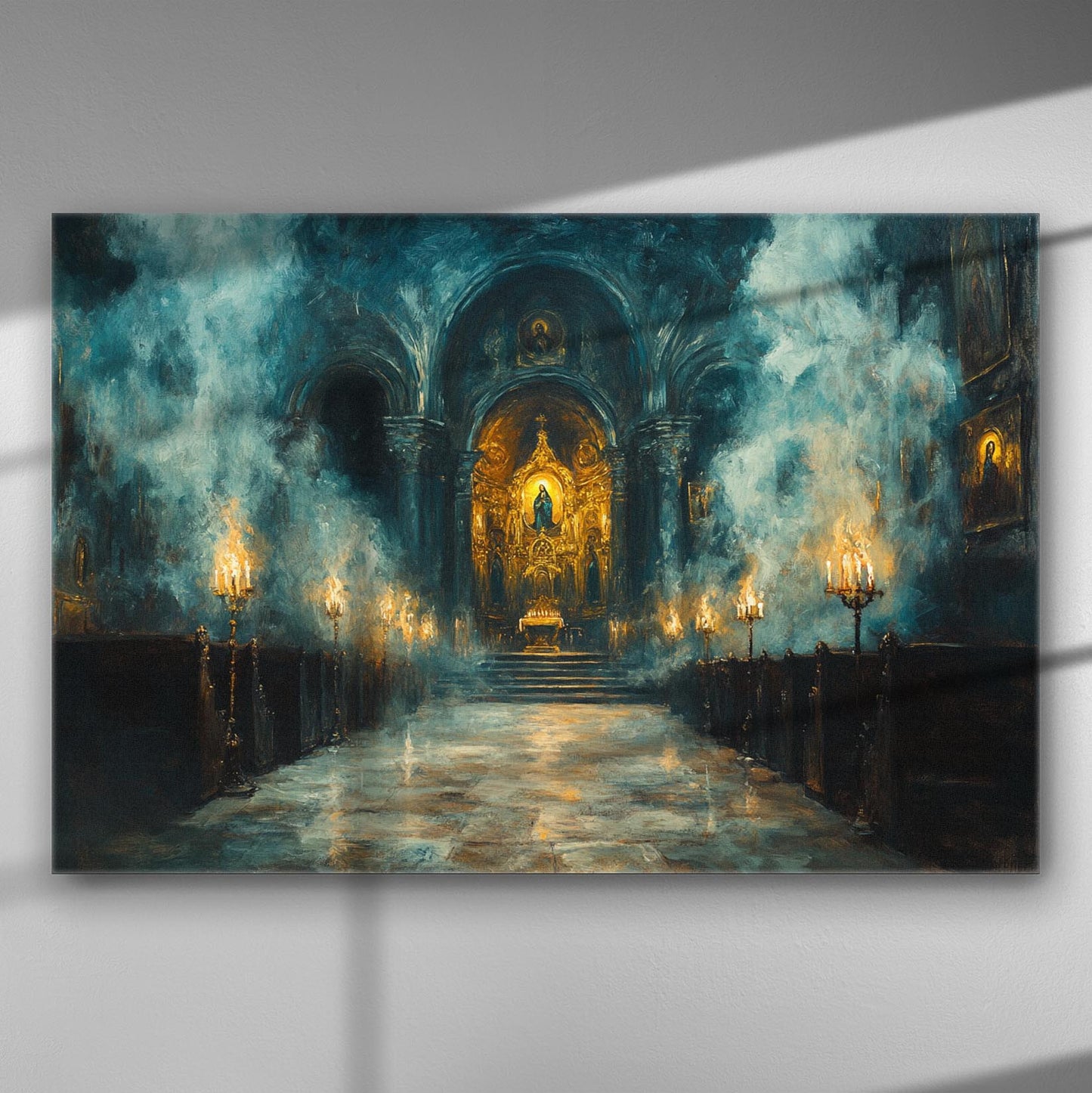 A mystical night scene inside a cathedral with blue and gold hues, featuring candlelight and architectural details.