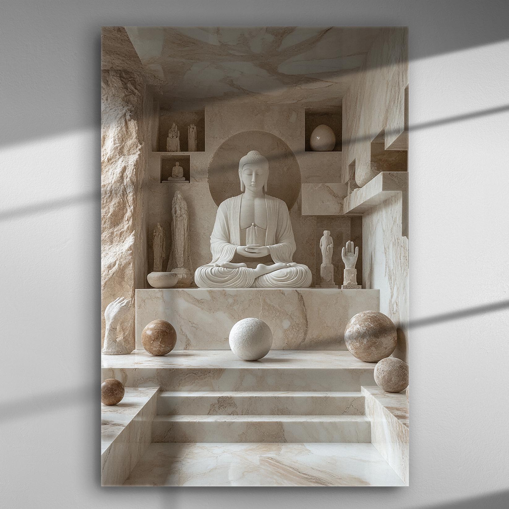 Buddha statue in a serene setting with earthy tones and marble textures creating a peaceful ambiance.
