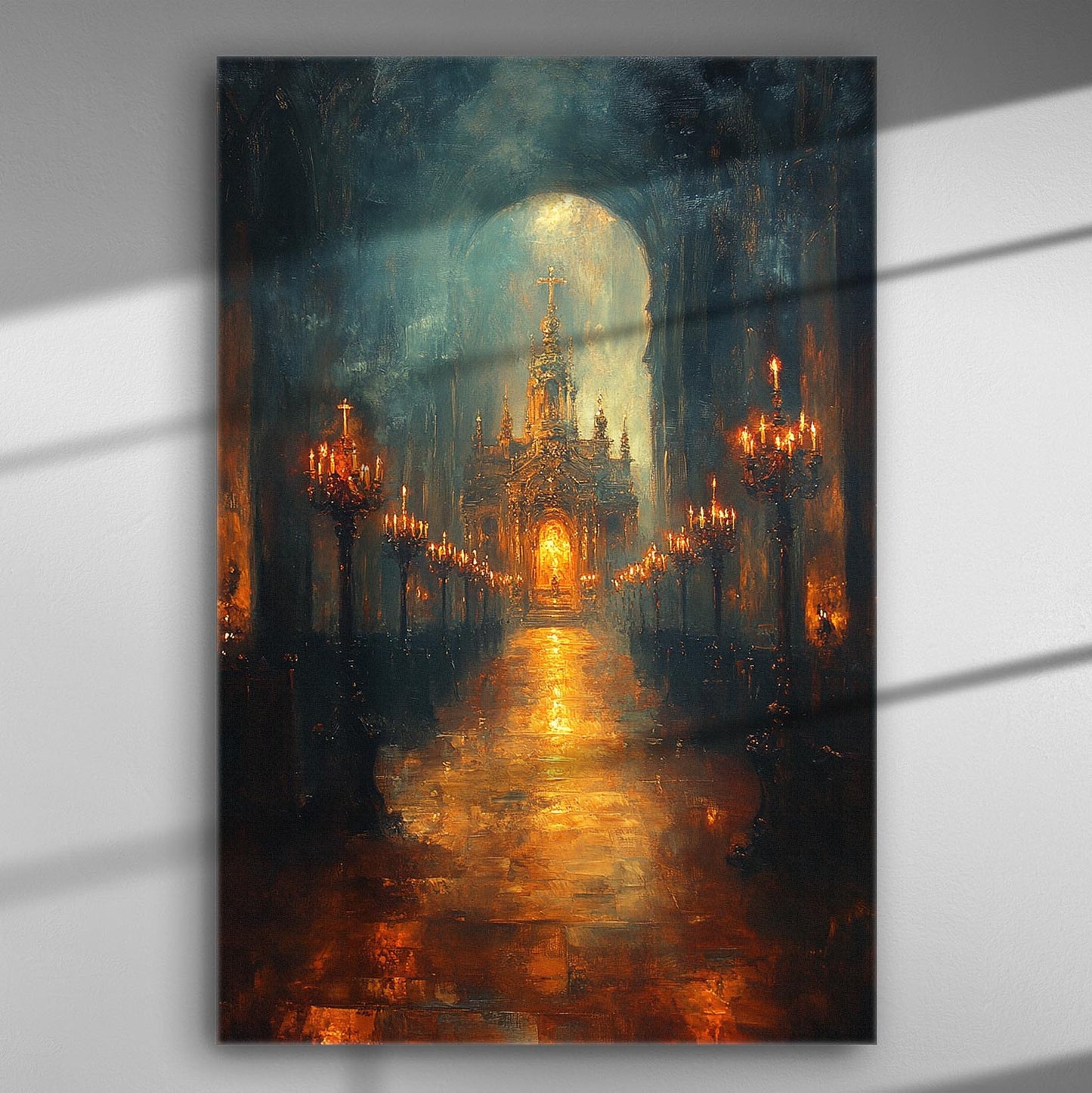 Image of a mystical cathedral interior with candles lighting the path, creating an atmospheric and spiritual ambiance.