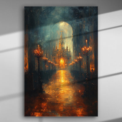 Image of a mystical cathedral interior with candles lighting the path, creating an atmospheric and spiritual ambiance.