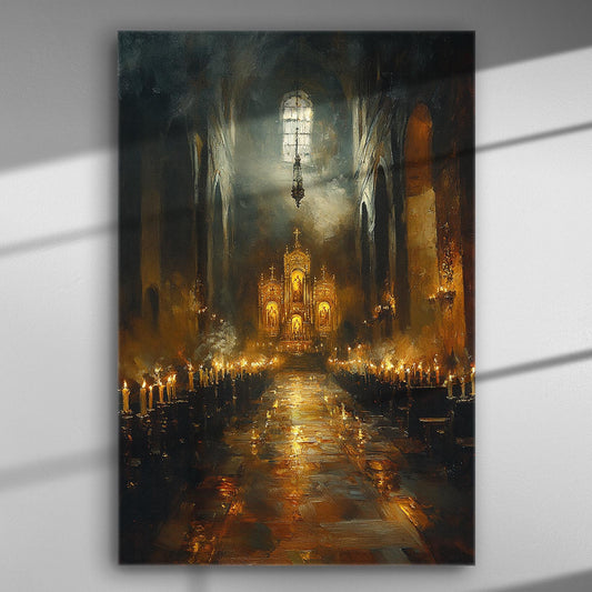 Mystical cathedral interior with glowing candles on a canvas print for SEO.