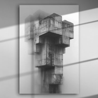 Monochrome photograph of a geometric, concrete industrial structure in fog.