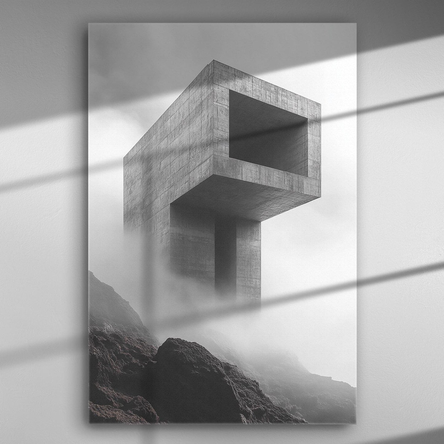 Modern architectural structure in fog, minimalist concrete design on a canvas.