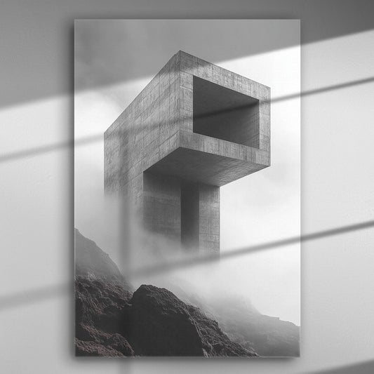 Modern architectural structure in fog, minimalist concrete design on a canvas.
