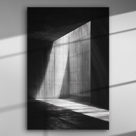 Monochrome artwork showing a beam of light entering a dark architectural space.