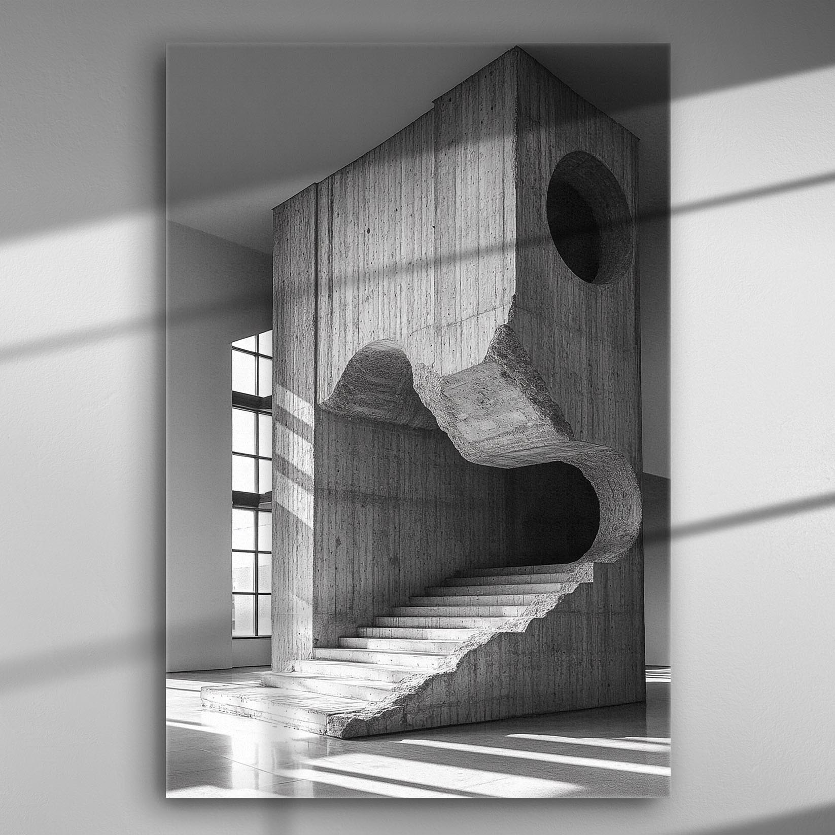 Monochrome image of modern architectural staircase with geometric shapes and curves in concrete.