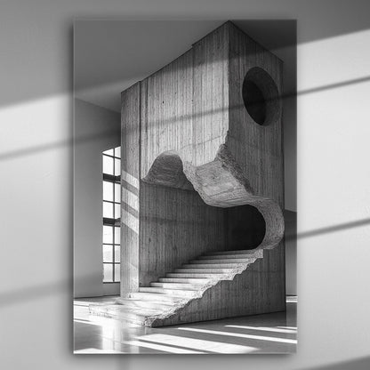 Monochrome image of modern architectural staircase with geometric shapes and curves in concrete.